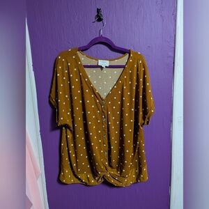 Flower & Feather Dark Yellow And White Polka Dotted Knot Faux Button Top 3Z